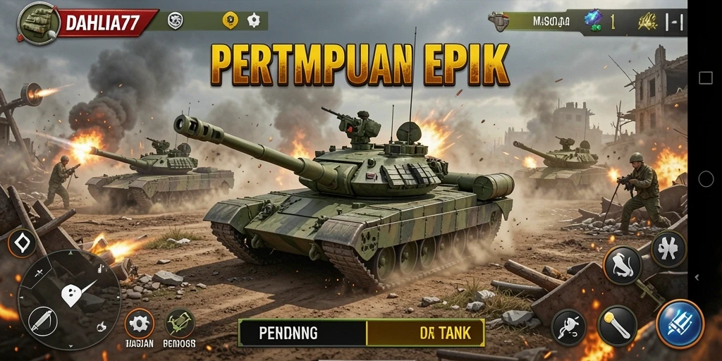 Antarmuka permainan DAHLIA77 dalam aksi pertempuran tank.