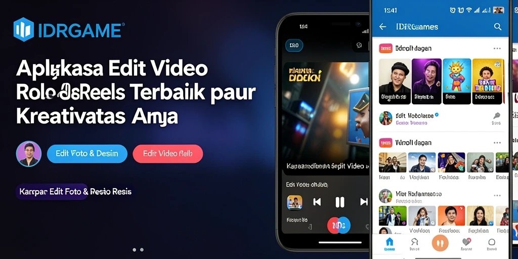 Screenshot aplikasi IDRGAME menampilkan antarmuka pengeditan video reels yang intuitif dan modern.